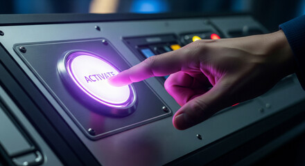 Finger pushing an illuminated "Activate" button on a high-tech control panel.