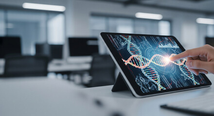 Researcher hand analyzing glowing DNA code on a tablet for personalized medicine.