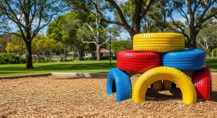 Colorful recycled tire playground equipment in sunny park setting  