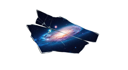 A vibrant spiral galaxy displayed on a shattered piece of glass, symbolizing a broken universe or fragmented view of space.