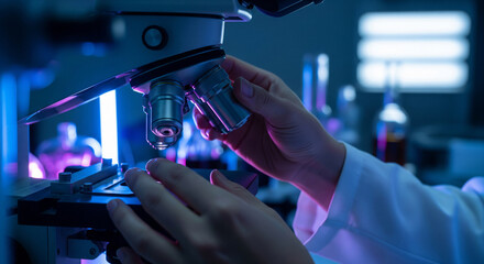Scientist hands adjusting a microscope in a dark neon laboratory for medical innovation.