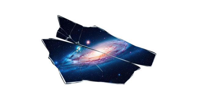 A vibrant spiral galaxy displayed on a shattered piece of glass, symbolizing a broken universe or fragmented view of space.