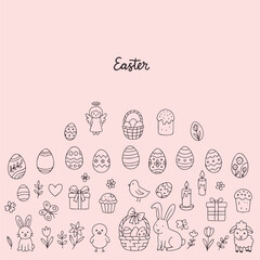  Easter-themed vector illustration featuring cute icons of eggs, bunnies, chicks, and spring elements. Perfect for seasonal designs and decorations. Simple, charming holiday art.
