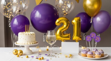 Celebrating a twenty-first birthday with cake, balloons, and champagne
