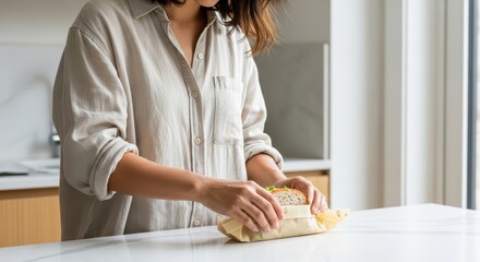 Woman wrapping sandwich in reusable lunch wrapper on kitchen counter  