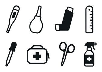Fototapeta premium Set of medical icons: thermometer, inhaler, first aid kit, medicine dropper, more