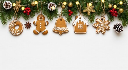 Festive Christmas gingerbread cookies and decorations on white background