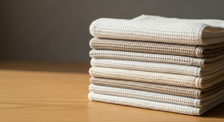 Stack of reusable mop cloths on wooden surface for eco-friendly cleaning  