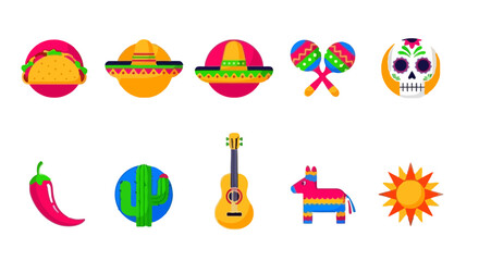 Mexican Fiesta Icons Featuring Sombreros Guitar Cactus Maracas And Pinata