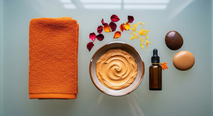 Spa relaxation set with orange towel and massage oil