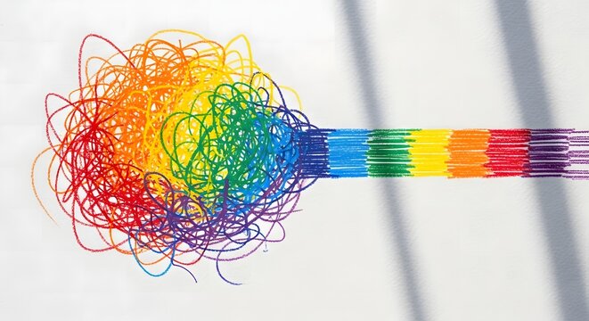 Colorful Tangled Threads Unraveling into an Organized Rainbow Line.