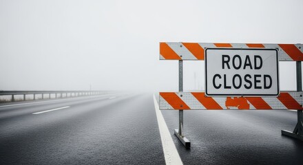 Road closed sign on empty highway in foggy weather for ecology  