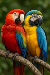 Obraz premium Beautiful Colorful Parrots Perched on Branch in Nature, High-Resolution Realistic Wildlife Photo