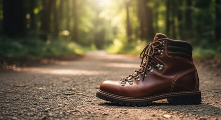 Brown hiking boot resting on path in forest during golden hour  