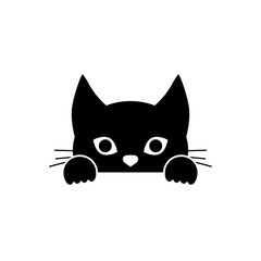 Funny cat face. Cute peeking and hiding black cat head and paws. Vector illustration on white background.
