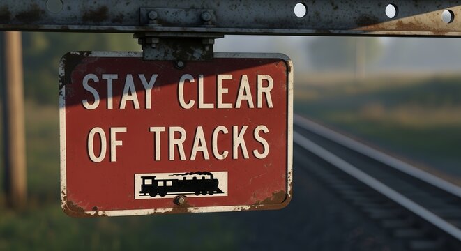 Train Safety Sign Over Railway Tracks And Rails With An Early Morning Background Scene - Powered by Adobe