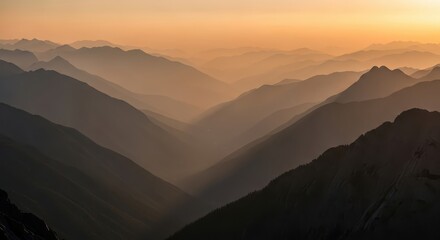 Mountain valley shrouded in smog during sunset reflecting ecology  