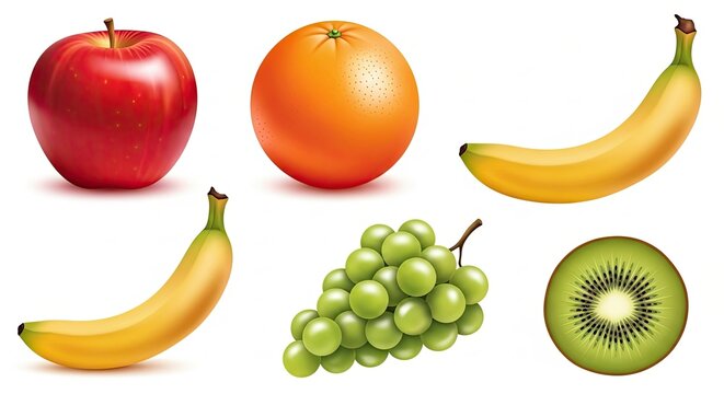 Collection of fresh ripe realistic fruits on a white background. - Powered by Adobe