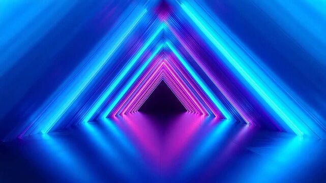 Neon light tunnel with triangular shapes