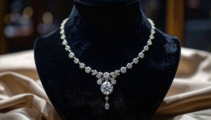 Diamond necklace with teardrop pendant on black velvet bust, set against soft golden fabric.