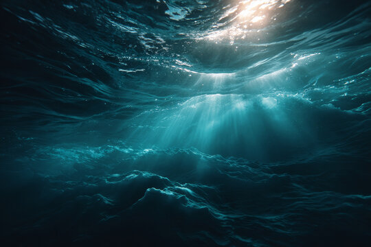 Dramatic deep ocean underwater scene with penetrating sun rays