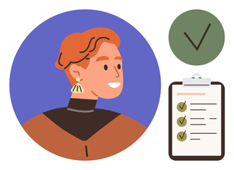 Person with stylish earrings smiling, green circular approval mark, outlined checklist with completed tasks. Ideal for productivity, success, leadership, organization, planning, motivation