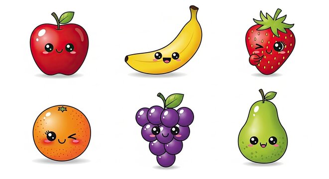 Cute Cartoon Fruits Collection - Apple, Banana, Strawberry, Orange, Grapes, Pear.
