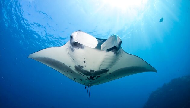 Wide-angle view of a manta ray swimming gracefully under sunlit water. Rays of light penetrate the surface with a backdrop of blue ocean