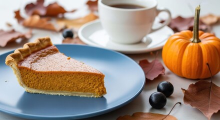 Delicious slice of pumpkin pie with coffee and autumn decorations
