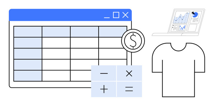 Financial spreadsheet with calculator buttons, dollar icon, analytics on a laptop, and T-shirt outline. Ideal for e-commerce, retail, budgeting, data analysis, cost tracking pricing and profit