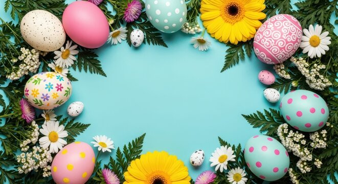 Easter eggs and flowers arranged on a bright blue background, top view