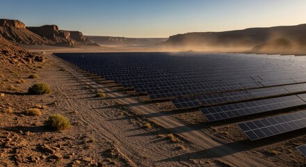 Solar farm in dry valley under dusk light, concept of ecology  