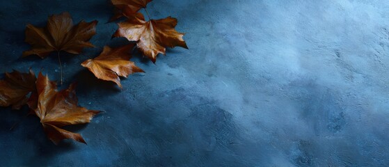 autumn leaves scattered on textured surface with warm tones, dynamic perspective, cool futuristic blues, advertising mood, dramatic rim light, balanced rule of thirds, ideal for commercial use