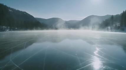 A serene frozen lake on a cold winter morning with mist rising from the ice and mountains in the background. - Powered by Adobe