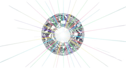 A brilliant-cut diamond gemstone sparkling with colorful light rays emanating outwards on a white background.