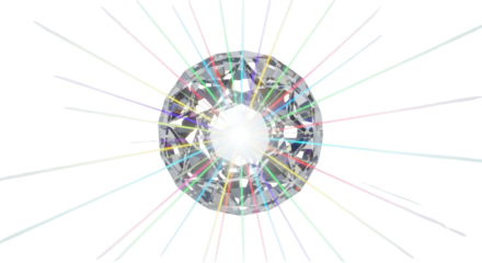A brilliant-cut diamond gemstone sparkling with colorful light rays emanating outwards on a white background.