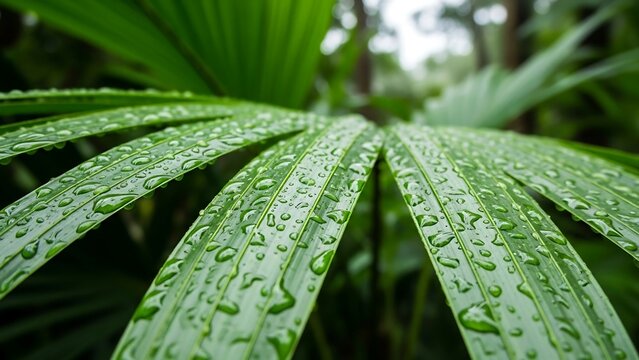Close-up of vibrant green palm leaf with water droplets.