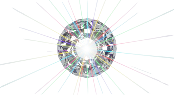 A brilliant-cut diamond gemstone sparkling with colorful light rays emanating outwards on a white background.