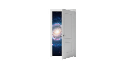 A white door opens to reveal a swirling galaxy, symbolizing discovery and the vastness of the cosmos.