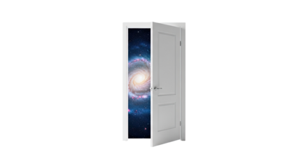 A white door opens to reveal a swirling galaxy, symbolizing discovery and the vastness of the cosmos.
