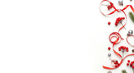 Clean Christmas Flat Lay With Red Ribbons On White - Left Empty Space For Text