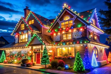 Fototapeta premium Dazzling Christmas House Exterior with Colorful Lights and Trees