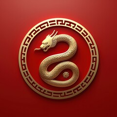 Golden Chinese Zodiac snake symbol in a traditional circular frame on a red background, representing the lunar new year
