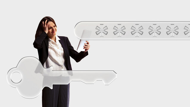 Modern collage. Frustrated businesswoman with password bar and key icon expressing stressed emotion. Concept of cybersecurity, login issues, tech support, corporate identity access, digital safety.