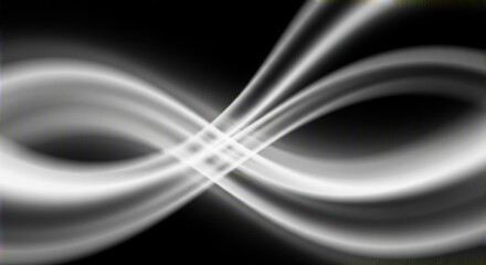 Symmetrical abstract infinity shape formed by glowing white light streaks and flowing smoke against a solid black background
