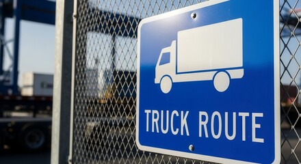 Truck Route Sign Showing Truck Icon On A Blue Square, Guiding Transportation Trucks Efficiently