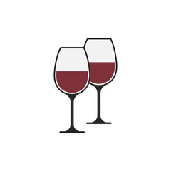 2 glass wine icon. Two wine glasses icon standing side by side with red wine inside. Vector illustration.