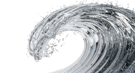 A dynamic and transparent water wave with splashes and droplets curling over against a clean white background, showcasing fluid motion.
