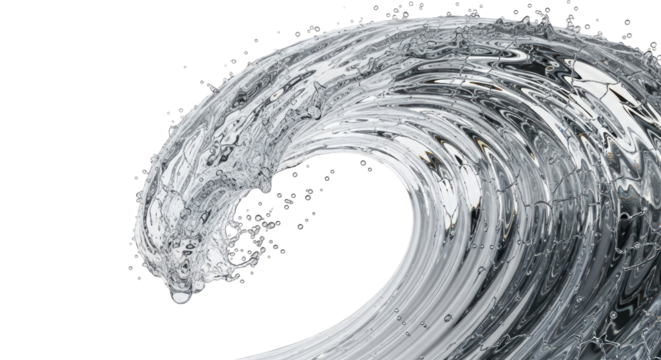 A dynamic and transparent water wave with splashes and droplets curling over against a clean white background, showcasing fluid motion.