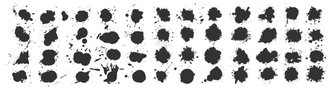 Ink splatters, paint blots, abstract grunge spots, splash and drip shapes on black background
